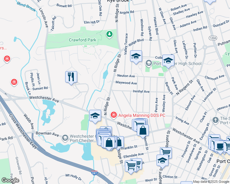 map of restaurants, bars, coffee shops, grocery stores, and more near 42 Hawthorne Avenue in Rye Brook