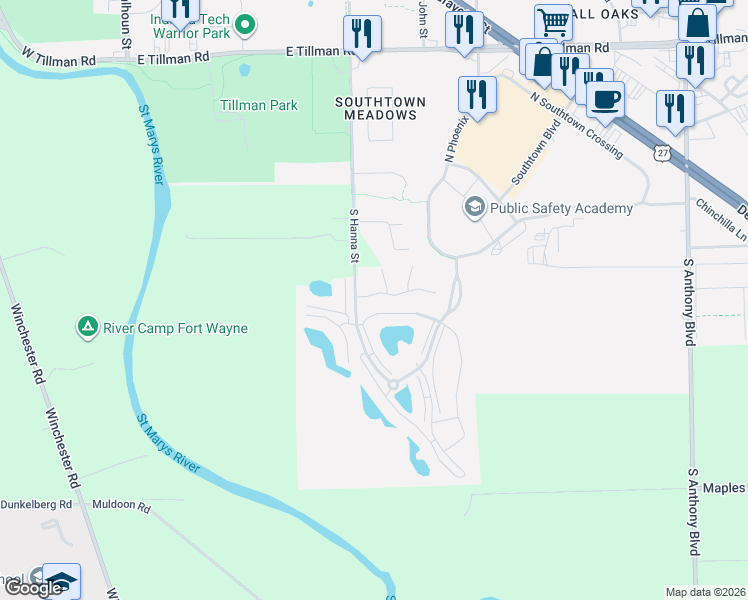 map of restaurants, bars, coffee shops, grocery stores, and more near 8138-8330 Bridgeway Cir in Fort Wayne