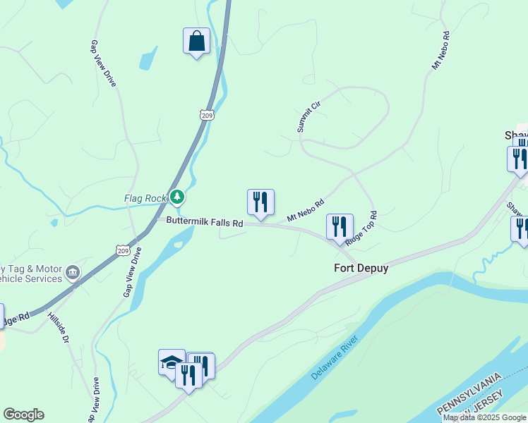 map of restaurants, bars, coffee shops, grocery stores, and more near 1175 Buttermilk Falls Road in East Stroudsburg