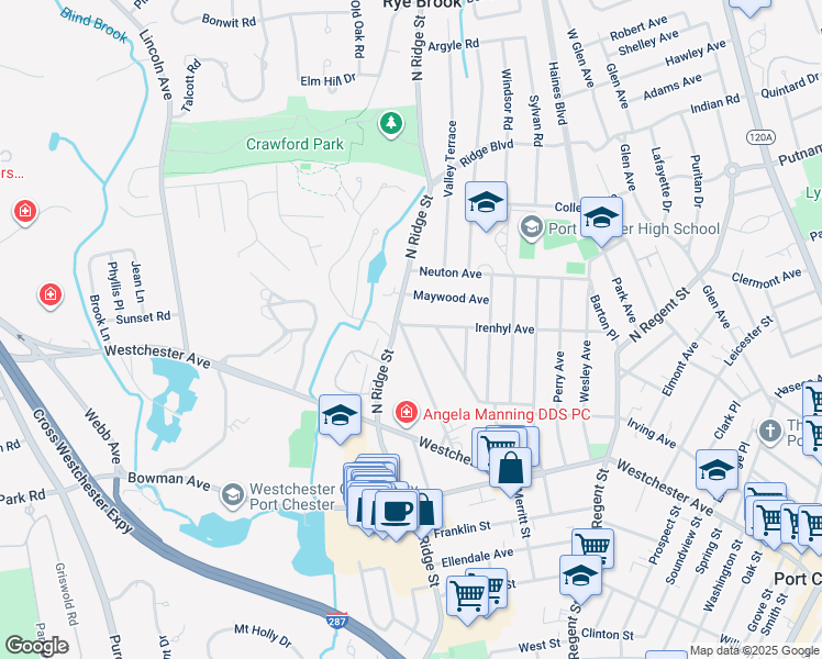 map of restaurants, bars, coffee shops, grocery stores, and more near 42 Hawthorne Avenue in Rye Brook