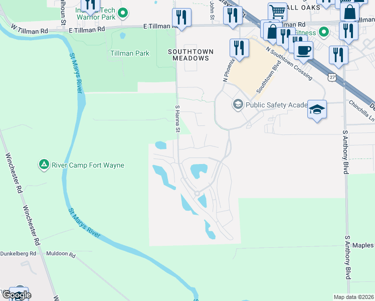 map of restaurants, bars, coffee shops, grocery stores, and more near 8138-8330 Bridgeway Cir in Fort Wayne