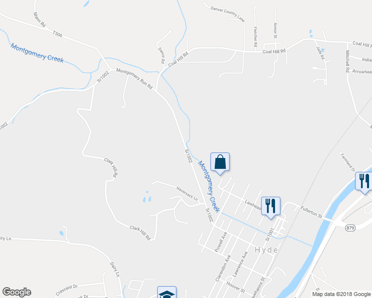 map of restaurants, bars, coffee shops, grocery stores, and more near Montgomery Run Road in Clearfield