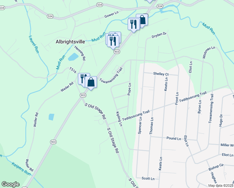 map of restaurants, bars, coffee shops, grocery stores, and more near 7 Yeats Court in Albrightsville