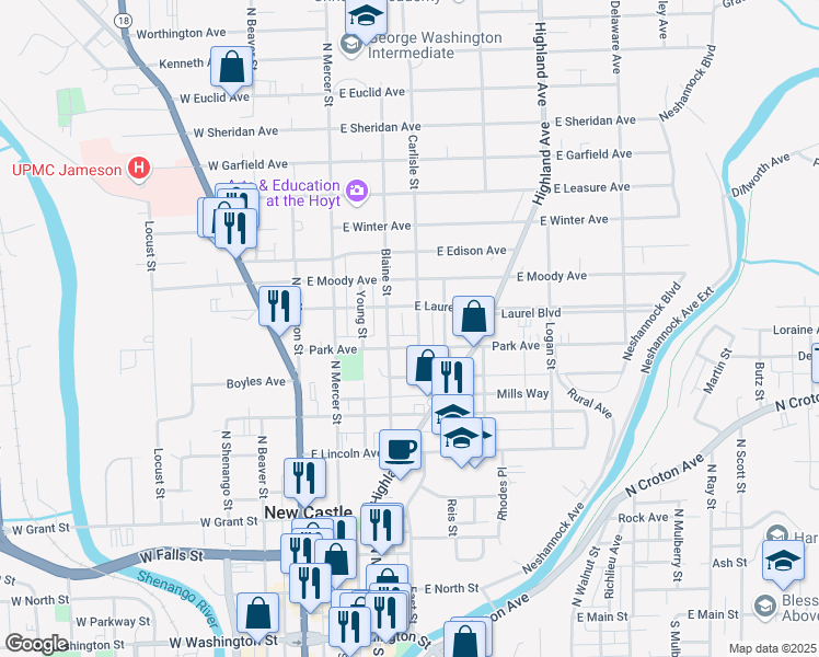 map of restaurants, bars, coffee shops, grocery stores, and more near 709 Carlisle Street in New Castle