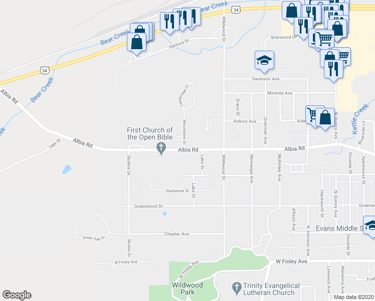 map of restaurants, bars, coffee shops, grocery stores, and more near 1918 Albia Road in Ottumwa