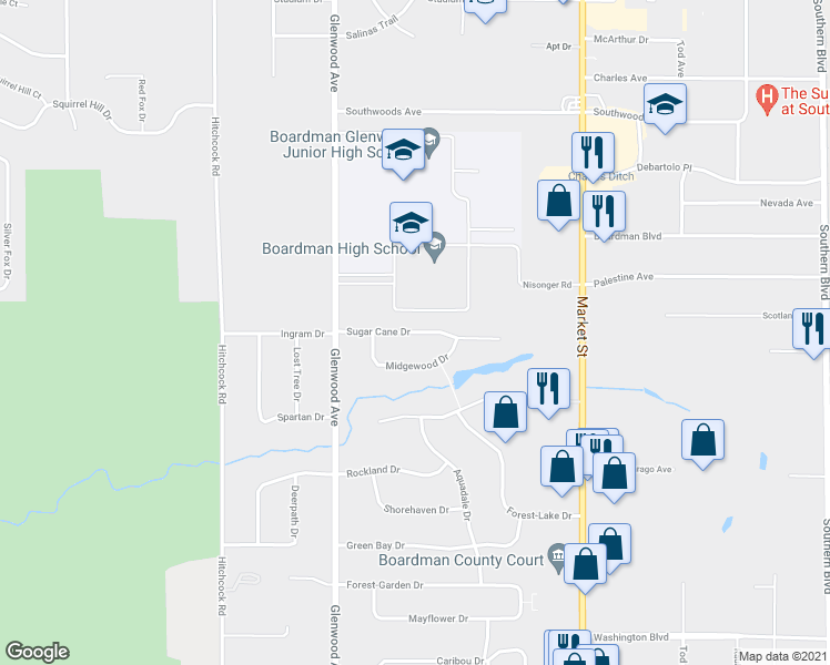 map of restaurants, bars, coffee shops, grocery stores, and more near 94 Sugar Cane Drive in Youngstown