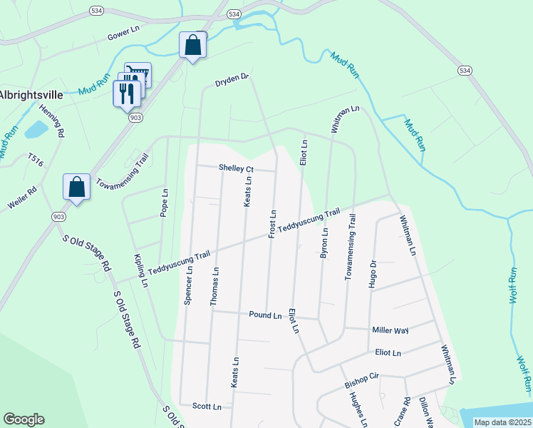 map of restaurants, bars, coffee shops, grocery stores, and more near 67 Frost Lane in Albrightsville
