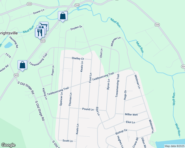 map of restaurants, bars, coffee shops, grocery stores, and more near 64 Frost Lane in Albrightsville
