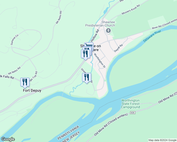 map of restaurants, bars, coffee shops, grocery stores, and more near 524 River Road in East Stroudsburg