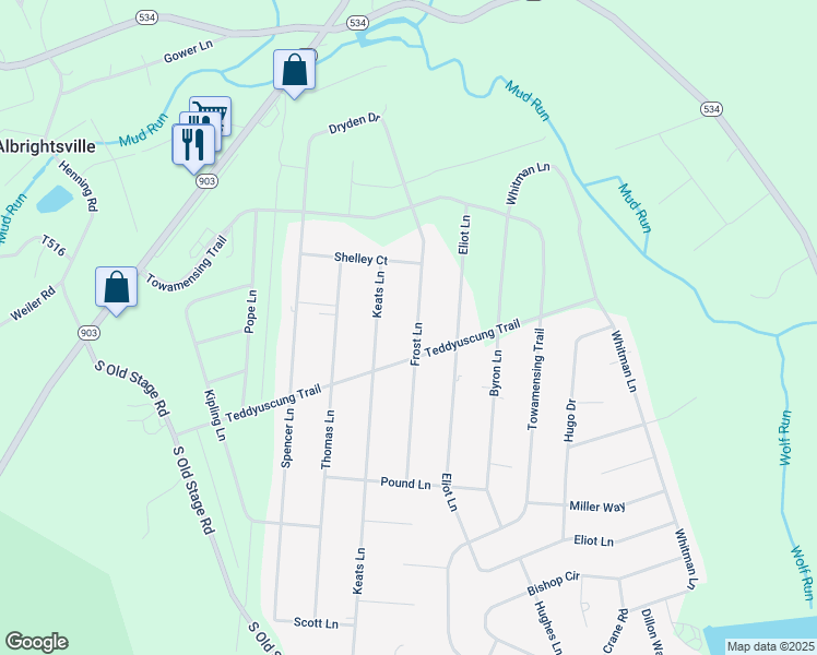 map of restaurants, bars, coffee shops, grocery stores, and more near 67 Frost Lane in Albrightsville