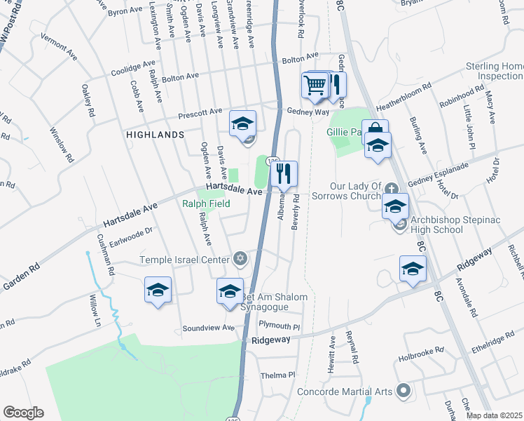 map of restaurants, bars, coffee shops, grocery stores, and more near 14 Idlewood Road in White Plains
