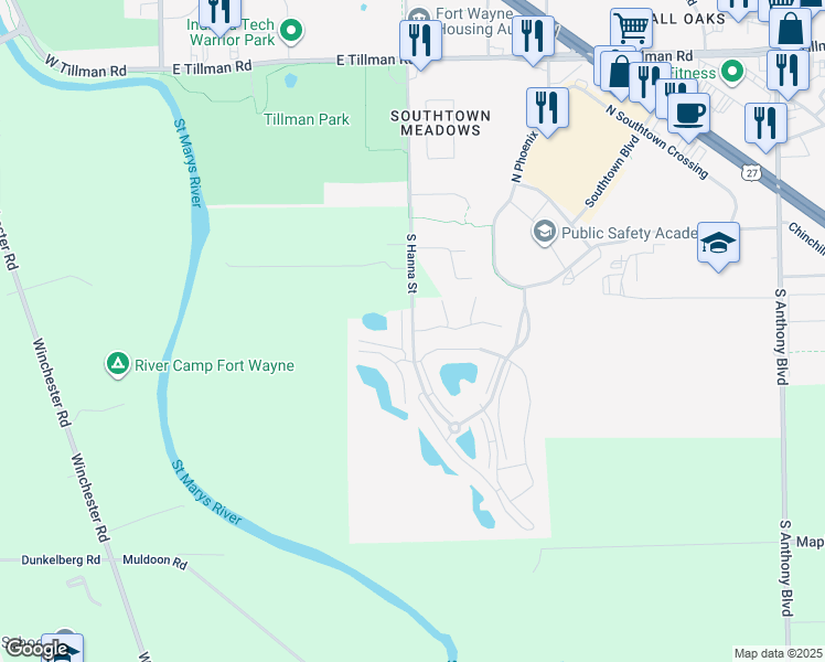 map of restaurants, bars, coffee shops, grocery stores, and more near 7822 South Hanna Street in Fort Wayne