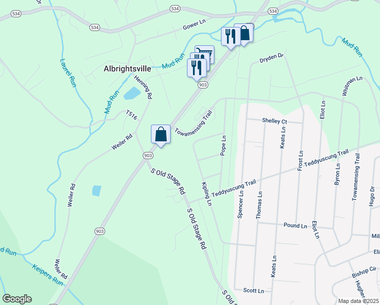 map of restaurants, bars, coffee shops, grocery stores, and more near 113 Kipling Lane in Albrightsville