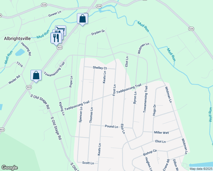 map of restaurants, bars, coffee shops, grocery stores, and more near 230 Keats Lane in Albrightsville