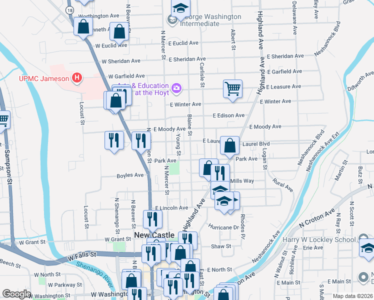 map of restaurants, bars, coffee shops, grocery stores, and more near 119 Park Avenue in New Castle