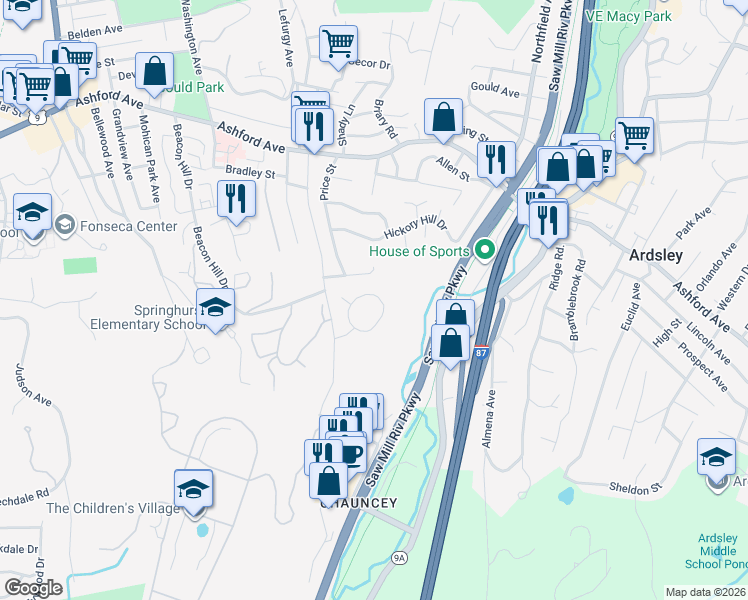 map of restaurants, bars, coffee shops, grocery stores, and more near 1401 Hunters Run in Dobbs Ferry