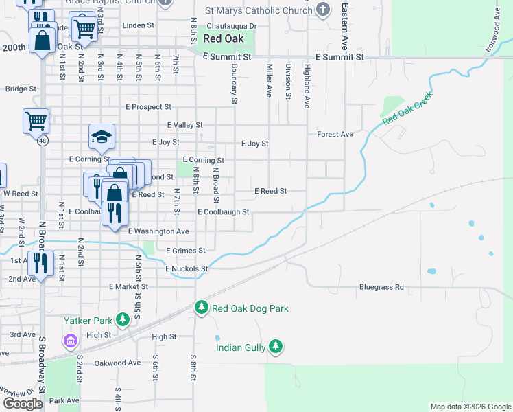 map of restaurants, bars, coffee shops, grocery stores, and more near 1008 East Coolbaugh Street in Red Oak