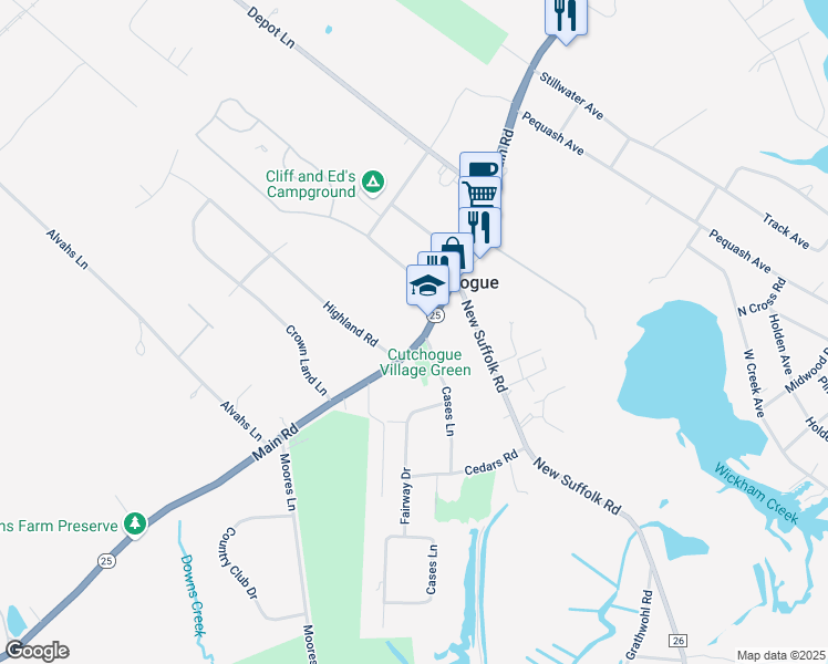 map of restaurants, bars, coffee shops, grocery stores, and more near 355 Cases Lane in Cutchogue