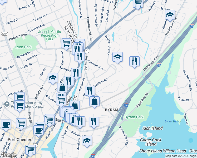 map of restaurants, bars, coffee shops, grocery stores, and more near 21 Richland Road in Greenwich