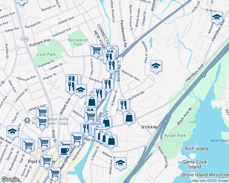 map of restaurants, bars, coffee shops, grocery stores, and more near 144 North Water Street in Greenwich