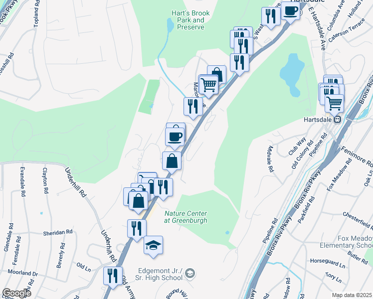 map of restaurants, bars, coffee shops, grocery stores, and more near 356 Central Park Avenue in Scarsdale