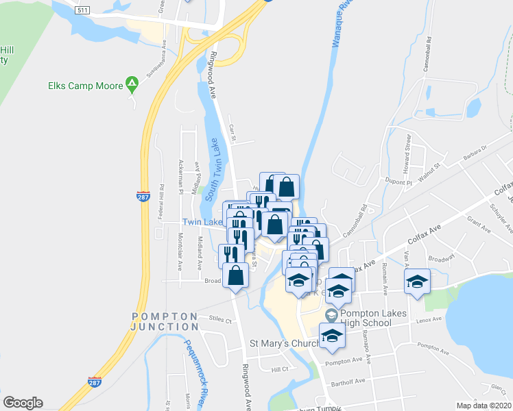 map of restaurants, bars, coffee shops, grocery stores, and more near 1 Wanaque Avenue in Pompton Lakes