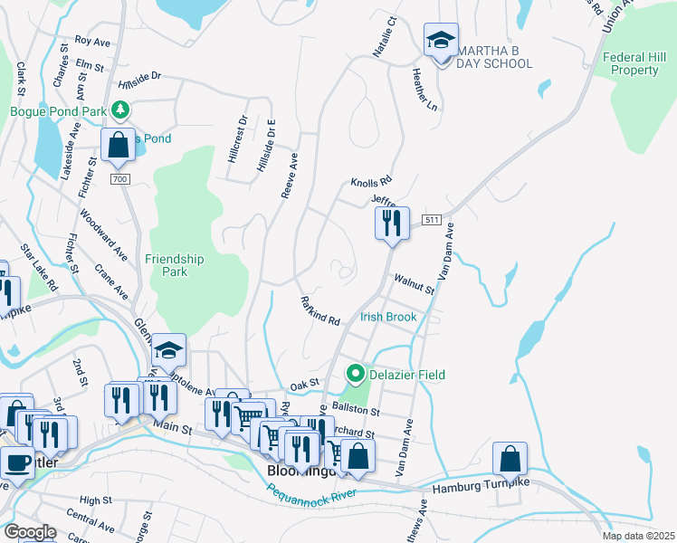 map of restaurants, bars, coffee shops, grocery stores, and more near 48 Forest Drive in Bloomingdale