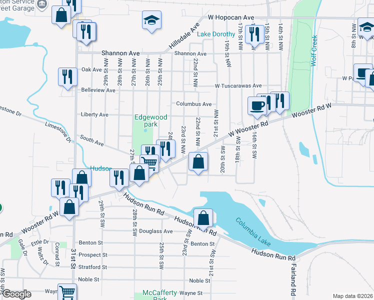 map of restaurants, bars, coffee shops, grocery stores, and more near 1092 Wooster Road West in Barberton