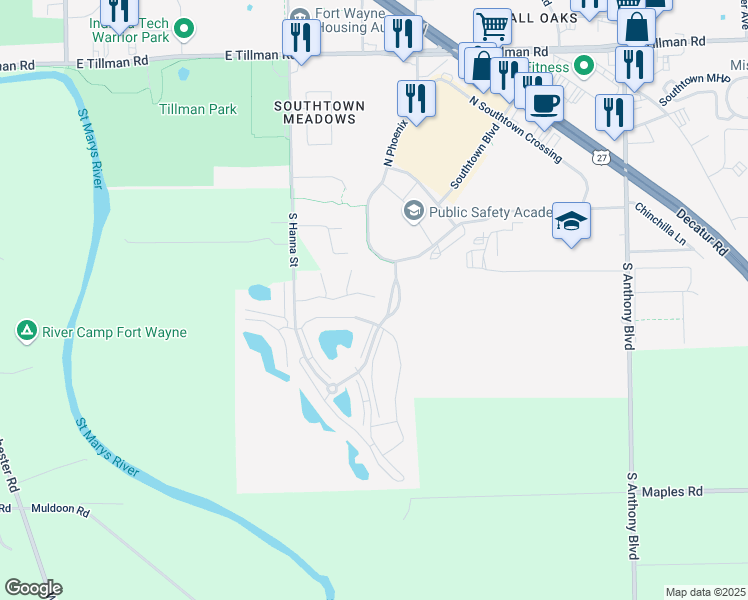 map of restaurants, bars, coffee shops, grocery stores, and more near 8332-8372 Bridgeway Circle in Fort Wayne