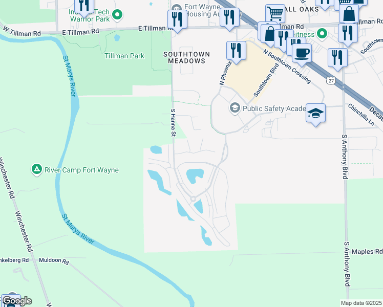 map of restaurants, bars, coffee shops, grocery stores, and more near 8138-8330 Bridgeway Cir in Fort Wayne