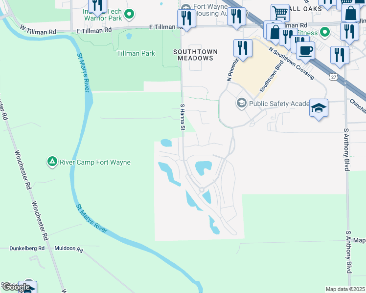 map of restaurants, bars, coffee shops, grocery stores, and more near 7822-7920 South Hanna Street in Fort Wayne