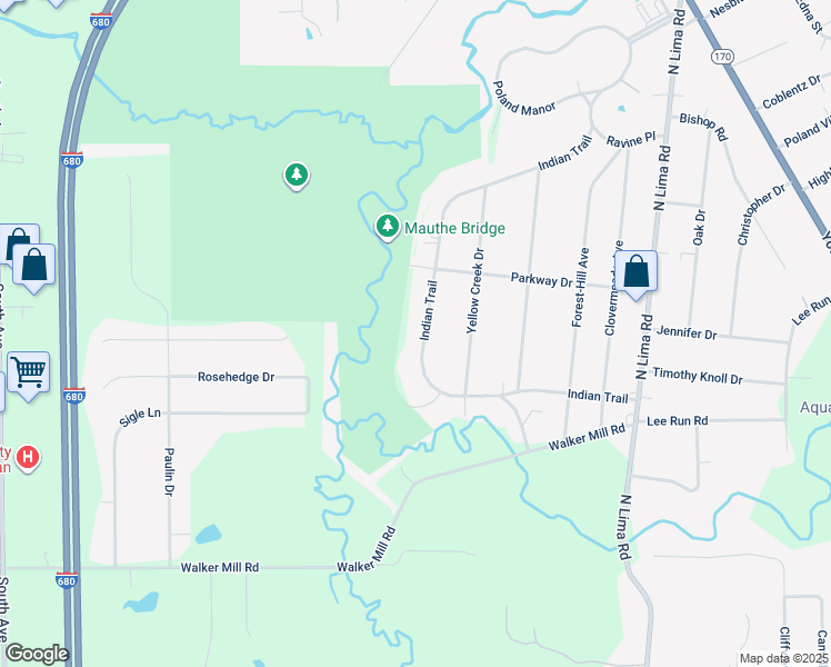 map of restaurants, bars, coffee shops, grocery stores, and more near 7504 Indian Trail in Poland