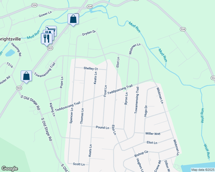 map of restaurants, bars, coffee shops, grocery stores, and more near 64 Frost Lane in Albrightsville