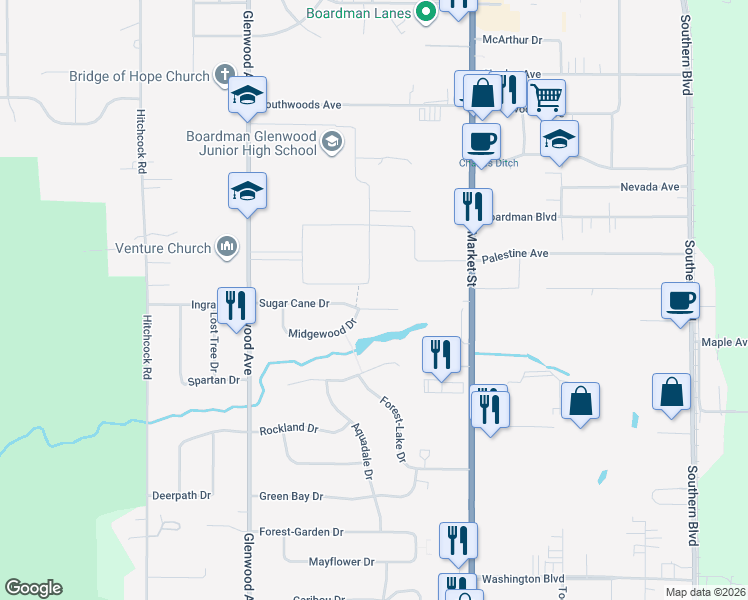 map of restaurants, bars, coffee shops, grocery stores, and more near 62 Sugar Cane Drive in Youngstown