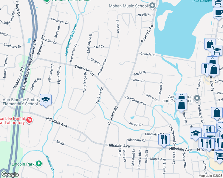 map of restaurants, bars, coffee shops, grocery stores, and more near 39 Wierimus Lane in Hillsdale