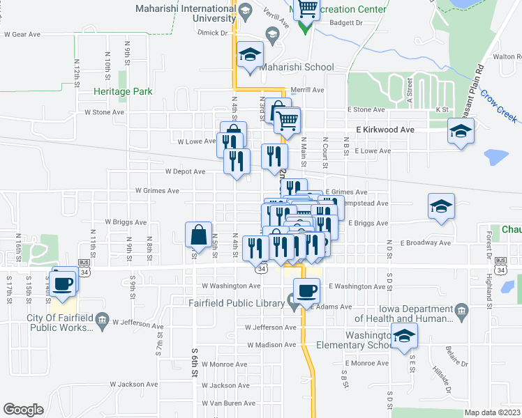 map of restaurants, bars, coffee shops, grocery stores, and more near 300-336 West Grimes Avenue in Fairfield