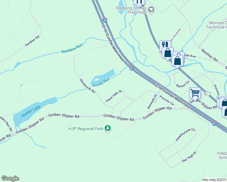 map of restaurants, bars, coffee shops, grocery stores, and more near 2523 Penn Hills Drive in Monroe County