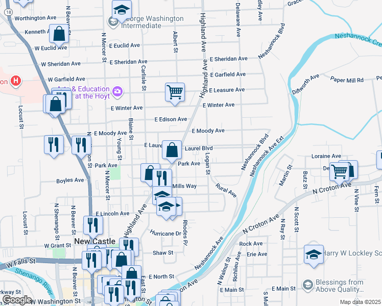 map of restaurants, bars, coffee shops, grocery stores, and more near 326 Laurel Boulevard in New Castle