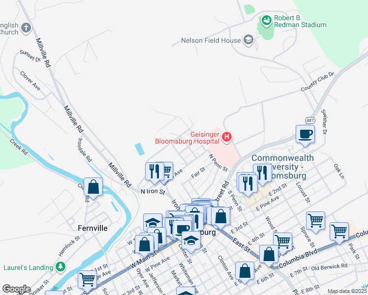 map of restaurants, bars, coffee shops, grocery stores, and more near 275 Wirt Street in Bloomsburg