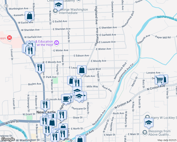 map of restaurants, bars, coffee shops, grocery stores, and more near 326 Laurel Boulevard in New Castle