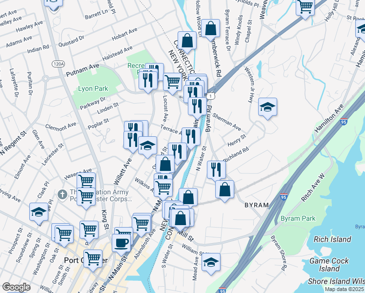 map of restaurants, bars, coffee shops, grocery stores, and more near 126 Terrace Avenue in Port Chester