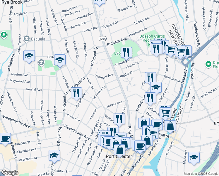 map of restaurants, bars, coffee shops, grocery stores, and more near 223 Leicester Street in Port Chester