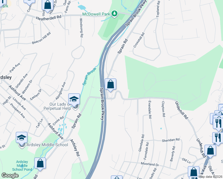 map of restaurants, bars, coffee shops, grocery stores, and more near 111 Sprain Road in Scarsdale