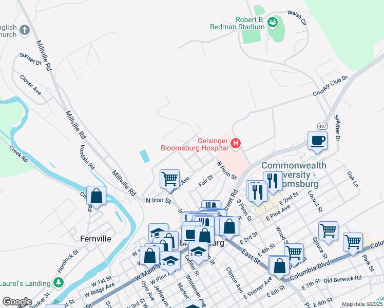 map of restaurants, bars, coffee shops, grocery stores, and more near 275 Wirt Street in Bloomsburg