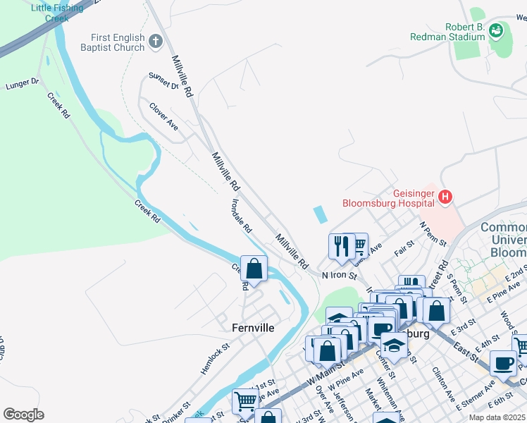 map of restaurants, bars, coffee shops, grocery stores, and more near 207 Summit Ave in Bloomsburg