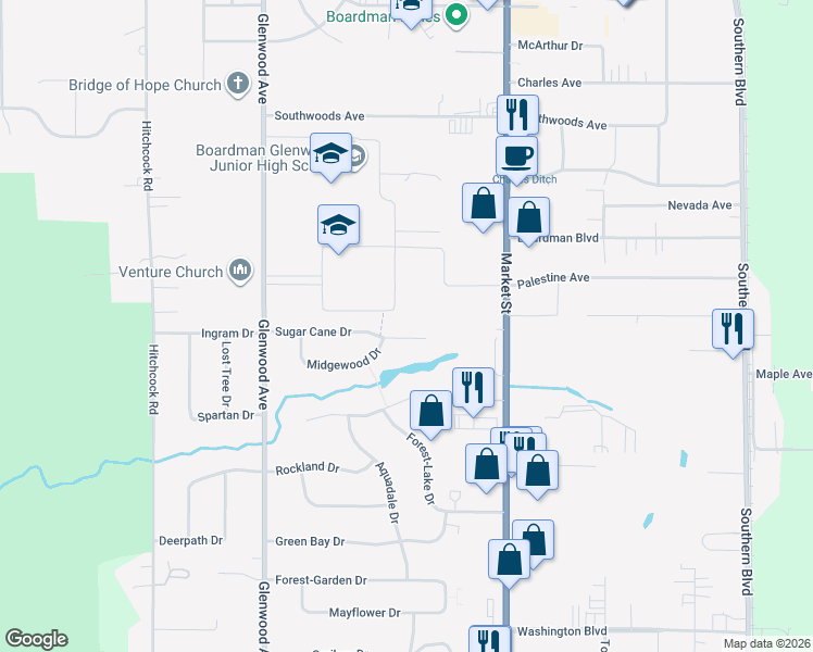 map of restaurants, bars, coffee shops, grocery stores, and more near 62 Sugar Cane Drive in Youngstown