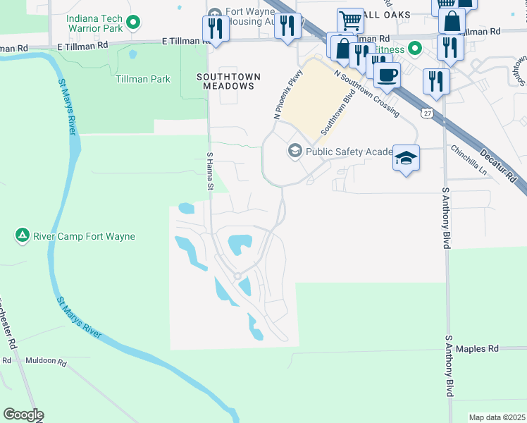 map of restaurants, bars, coffee shops, grocery stores, and more near 2 Prestwick Square Drive in Fort Wayne