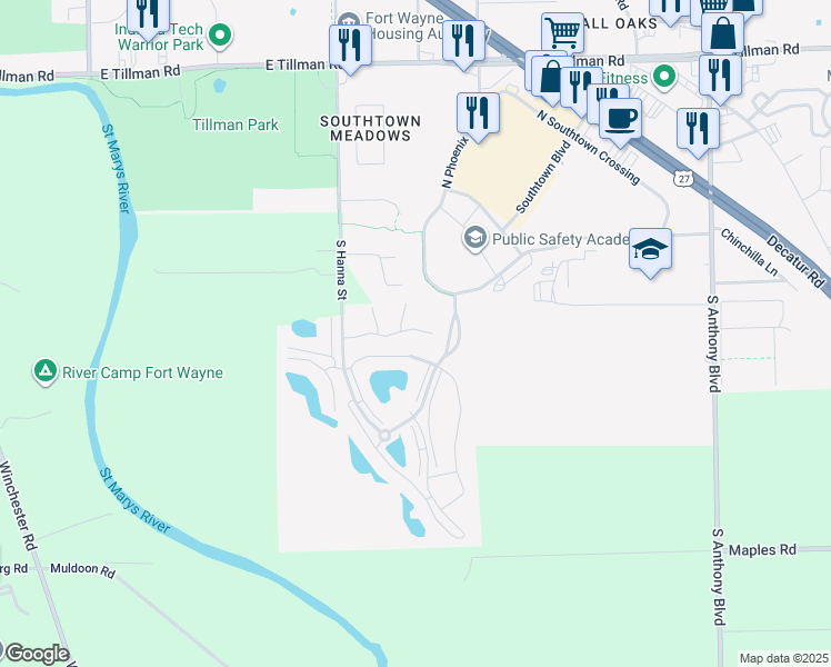 map of restaurants, bars, coffee shops, grocery stores, and more near 2 Prestwick Square Drive in Fort Wayne