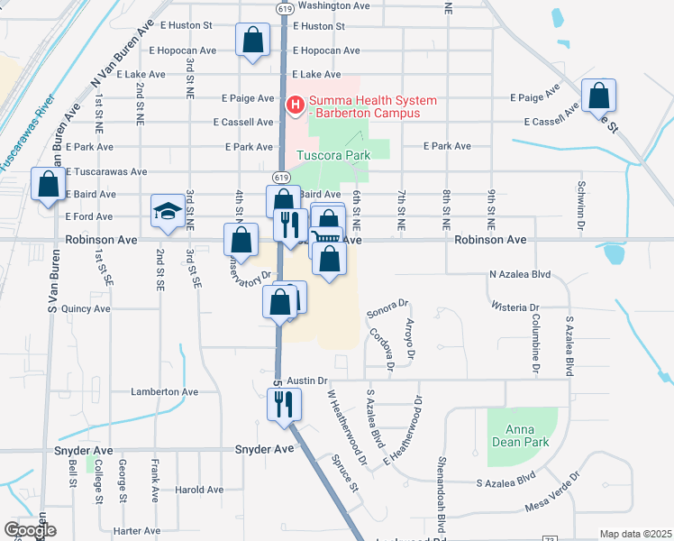 map of restaurants, bars, coffee shops, grocery stores, and more near 41 5th Street Southeast in Barberton