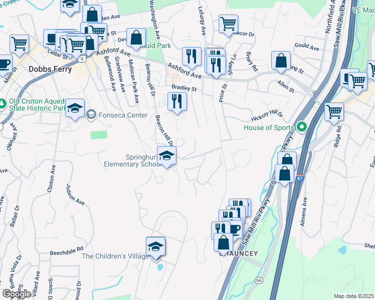 map of restaurants, bars, coffee shops, grocery stores, and more near 15 Beacon Hill Drive in Dobbs Ferry